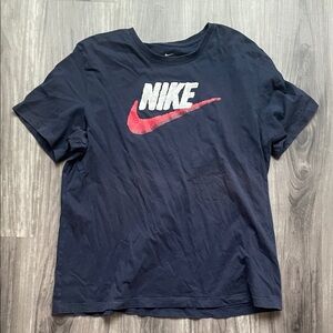 Nike Men's Navy T-Shirt with White Logo and Red Swoosh